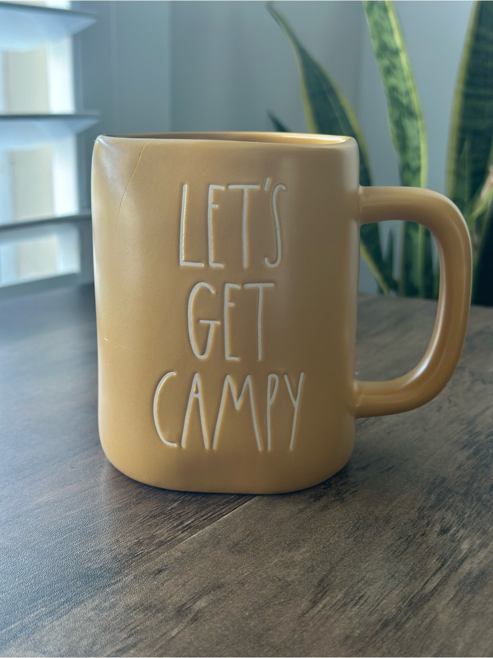 Rae Dunn LET’S GET CAMPY Mustard Yellow Mug Artisan Collection
